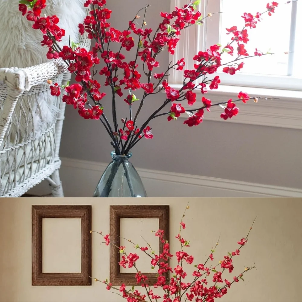 Plum Blossom Branches  3 Piece Silk Red Decorative Floral 38 Inches Long